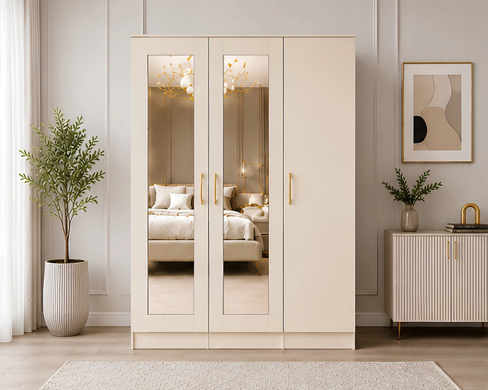 Modern Cream 3 Door Wardrobe with Dual Full-Length Mirror Doors Modern Cream 3 Door Mirrored Wardrobe – Elegant Bedroom Storage Cabinet - Image 1