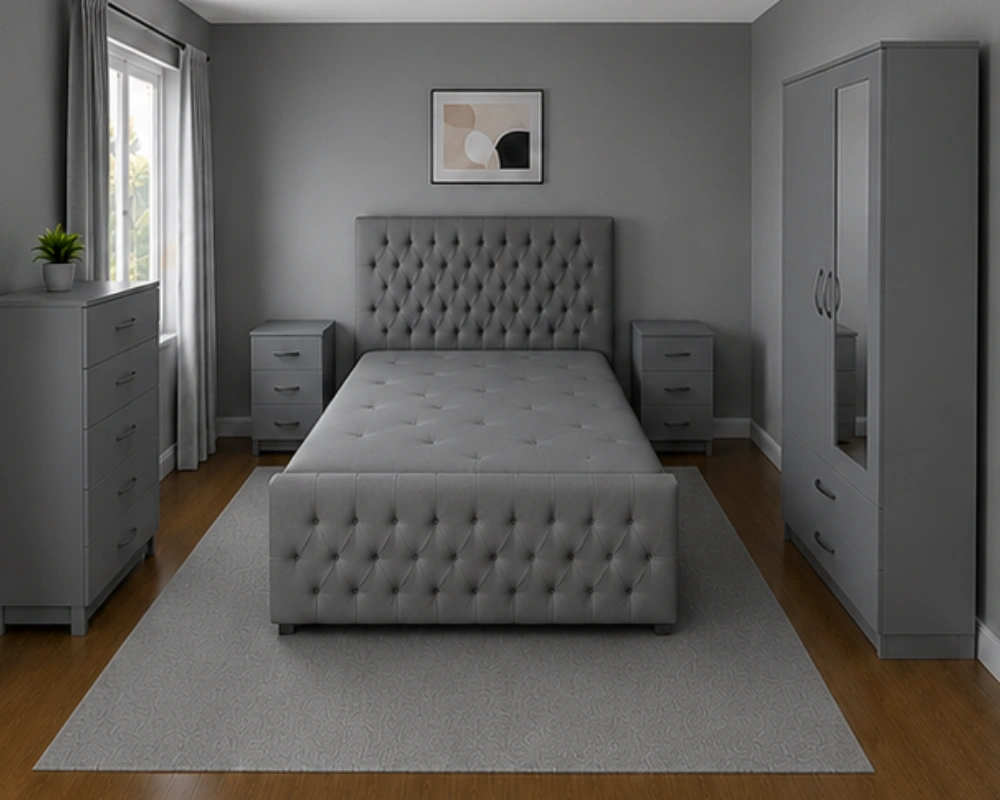 Modern Grey Upholstered Bedroom Suite with Wardrobe & Chest of Drawers Classic King Size Bed Furniture Set - Two Door Wardrobe With One Mirror - Chest of Five Drawers With Two Bed Side Table - Image 1