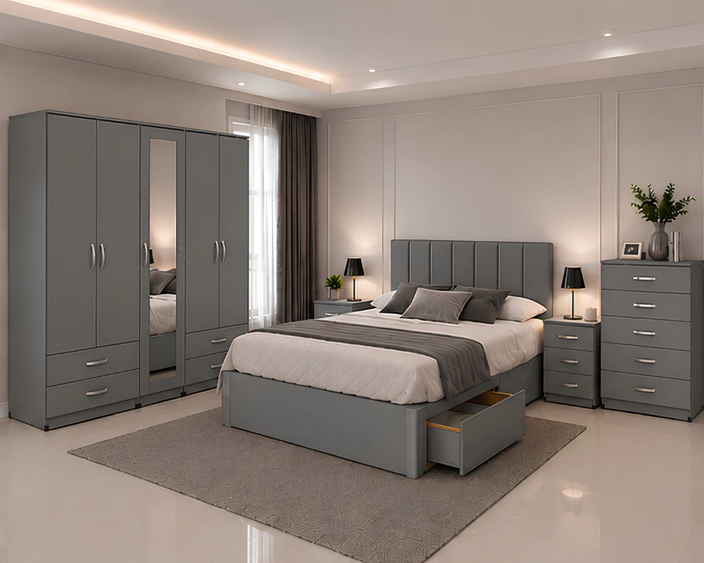 Modern King Size Bedroom Furniture Set – Complete Bed, Wardrobe & Matching Bedroom Storage Modern Double Bed Furniture Set – 5 Door Mirrored Wardrobe with Four Bottom Drawers – Chest of 5 Drawers & Two Bed Side Tables - Image 1