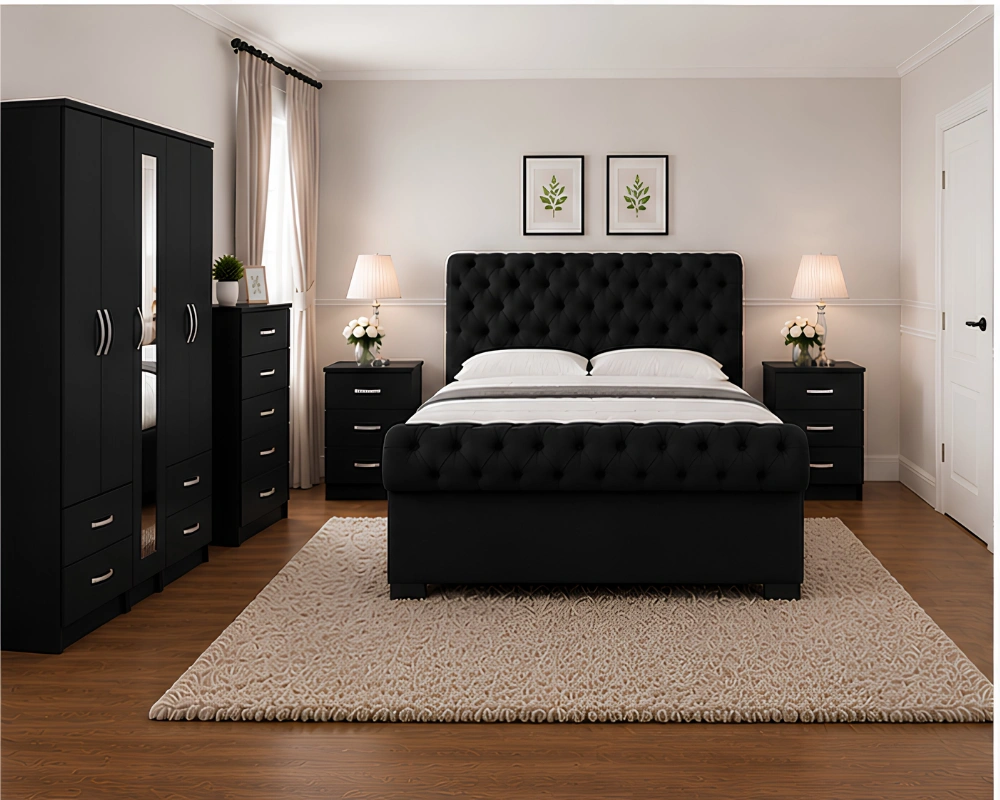 Modern Luxury Complete Bedroom Furniture (3) Modern Double Bed Furniture Set – 5 Door Wardrobe with Full Length Mirror, Four Bottom Drawers, Chest of Five Drawers & Two Bed Side Tables - Image 1