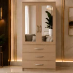 Modern Light Brown 2 Door Mirrored Wardrobe with 3 Drawers