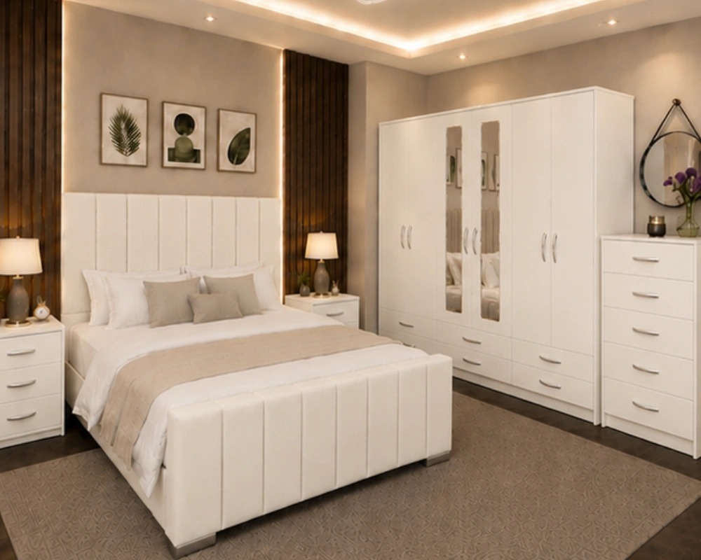 Modern White Panelled Complete Bedroom Set King Bed Furniture Set - Six Door Wardrobe With Four Drawer - Chest of Five Drawers With Two Bed Side Table - Image 1