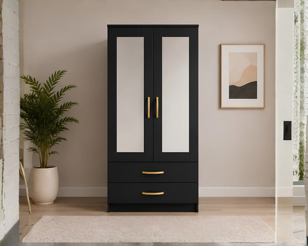 Modern Wooden Almirah Luxury 2 Door Mirrored Wardrobe with Storage Drawers with Black colors - Premium Two Door Bedroom Wardrobe with 2 Drawers - Image 1