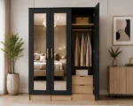 Modern Black & Oak 3 Door Mirrored Wardrobe – Stylish Bedroom Storage Cabinet - Image 3