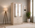 2 Door Wardrobe with Half Mirror & 2 Drawers with beige colors - Modern Two Door Wardrobe with 2 Drawers & 2 Mirrors - Image 2