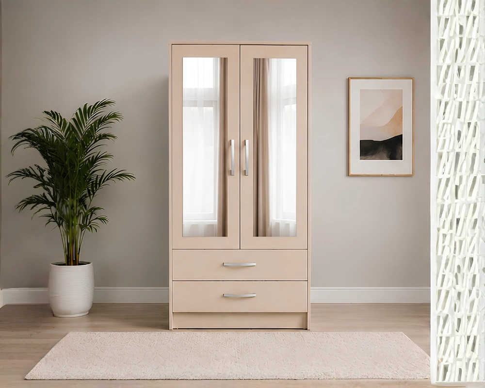 Premium Design Wardrobe 2 Door Wardrobe with Half Mirror & 2 Drawers with beige colors - Modern Two Door Wardrobe with 2 Drawers & 2 Mirrors - Image 1