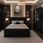 Complete Bedroom Furniture Collection – Double Bed, 4 Door Wardrobe with Two Half Mirrors, Chest of Five Drawers & Matching Bed Side Tables