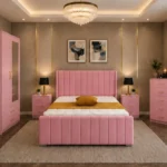 Modern King Size Bedroom Suite - 2 Door Mirror Wardrobe With Bottom Drawer - Chest of Five Drawers - Two Bedside Tables