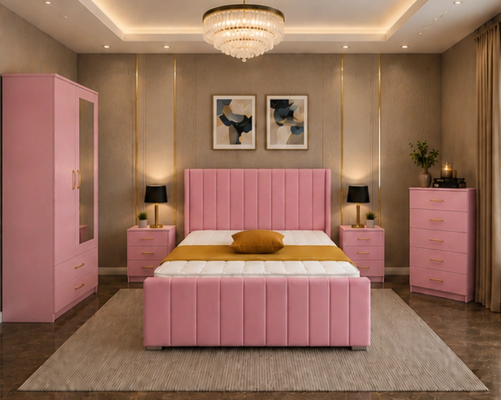 Premium Pink Bedroom Set with Wardrobe & Chest of Drawers Modern King Size Bedroom Suite - 2 Door Mirror Wardrobe With Bottom Drawer - Chest of Five Drawers - Two Bedside Tables - Image 1