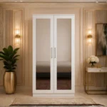 Modern White 2 Door Wardrobe with Dual Full-Length Mirrors - Elegant Double Door Wardrobe with Storage Drawers