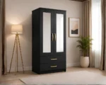 Luxury 2 Door Mirrored Wardrobe with Storage Drawers with Black colors - Premium Two Door Bedroom Wardrobe with 2 Drawers - Image 2