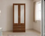 Contemporary Half Mirror Double Door Wardrobe with walnut colors - Elegant 2 Door Wardrobe with Dual Mirrors and Drawers