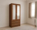 Contemporary Half Mirror Double Door Wardrobe with walnut colors - Elegant 2 Door Wardrobe with Dual Mirrors and Drawers - Image 3