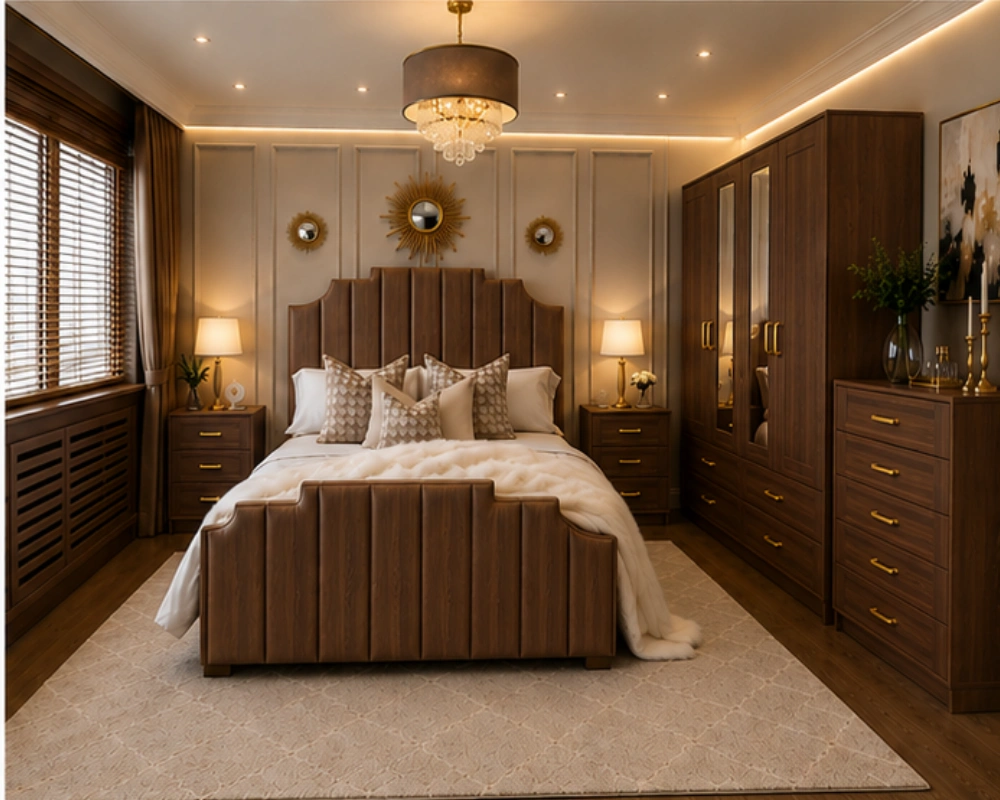 Regal Walnut Complete Bedroom Set Elegant King Size Bedroom Furniture Set 4 Door Wardrobe With Four Drawer - Chest of Five Drawers With Two Bed Side Table - Image 1