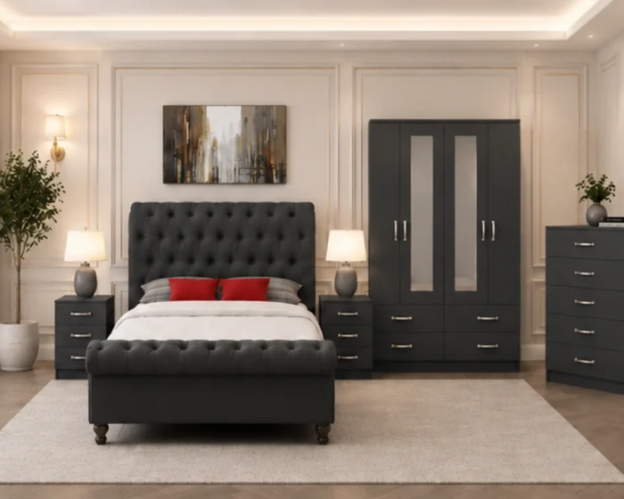 Contemporary King Size Bed Set - four Door Wardrobe With Four Drawer - Chest of Five Drawers With Two Bed Side Table