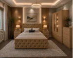 Designer Bedroom Furniture Set – Four Door Mirrored Wardrobe with Four Bottom Drawers, Double Bed & Five Drawer Chest