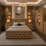 Designer Bedroom Furniture Set – Four Door Mirrored Wardrobe with Four Bottom Drawers, Double Bed & Five Drawer Chest