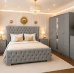 Luxury Double Bed Furniture Set – Four Door Wardrobe with Two Half Mirrors & Four Bottom Drawers – Chest of Five Drawers with Two Bed Side Tables