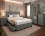 Double Bed Bedroom Collection - Two Door Mirror Wardrobe With Bottom Drawer - Five Drawer Chest - Bedside Table Pair - Image 2