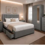 Double Bed Bedroom Collection - Two Door Mirror Wardrobe With Bottom Drawer - Five Drawer Chest - Bedside Table Pair