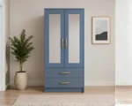 Modern Wooden 2 Door Half Mirror Wardrobe with blue colors - Luxury Two Door Mirror Wardrobe with Drawers