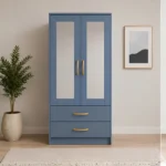 Modern Wooden 2 Door Half Mirror Wardrobe with blue colors - Luxury Two Door Mirror Wardrobe with Drawers