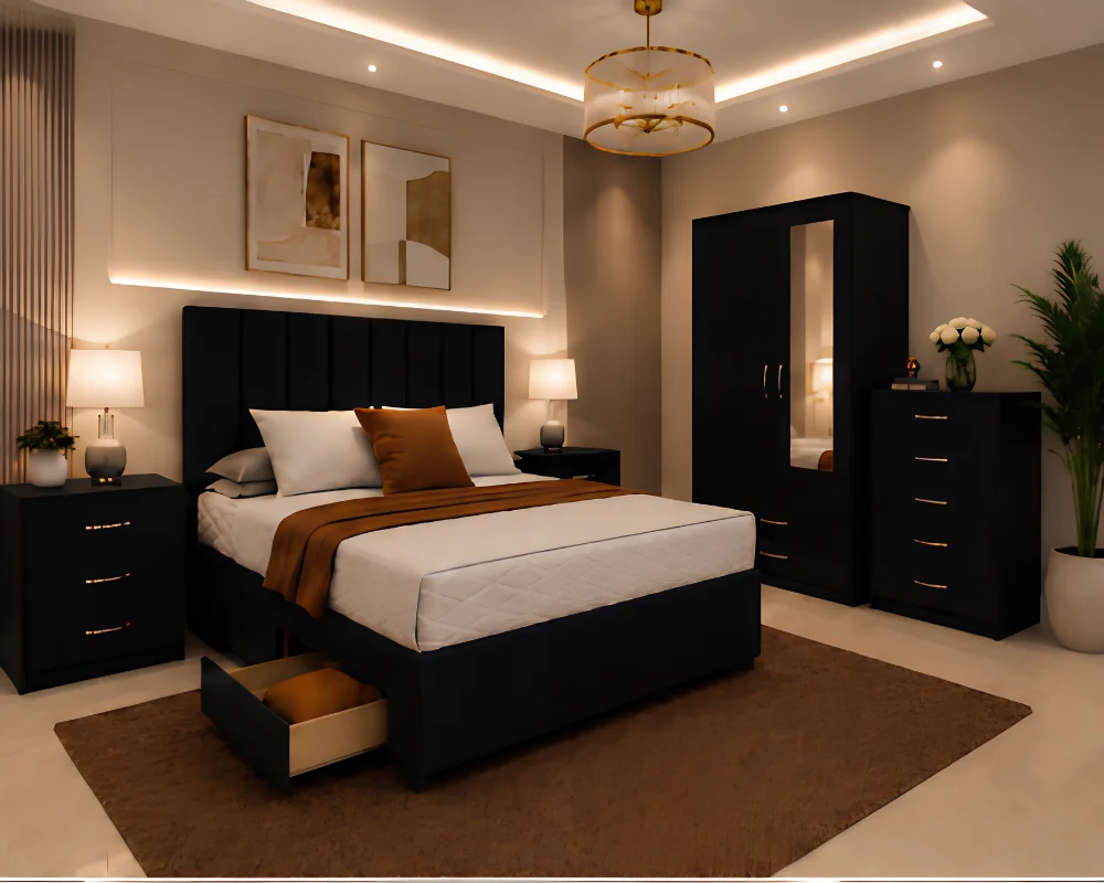 UK Bedroom Furniture Set with 2 Door Wardrobe and Chest (2) Premium Double Bedroom Collection - Two Door Mirror Wardrobe With Bottom Drawer - Chest of Five Drawers - Two Bedside Tables - Image 1