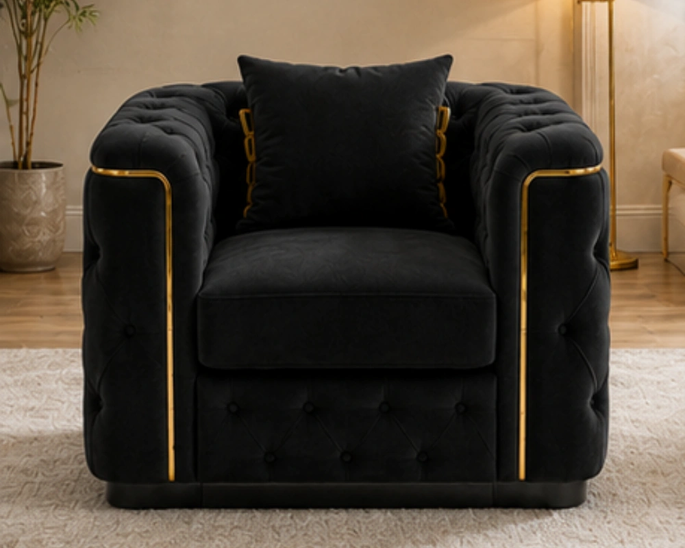 Velvet Black Madrid 1 Seater Sofa Madrid Black Armchair – Luxury Chesterfield Accent Chair with Gold Accents | UK - Image 1