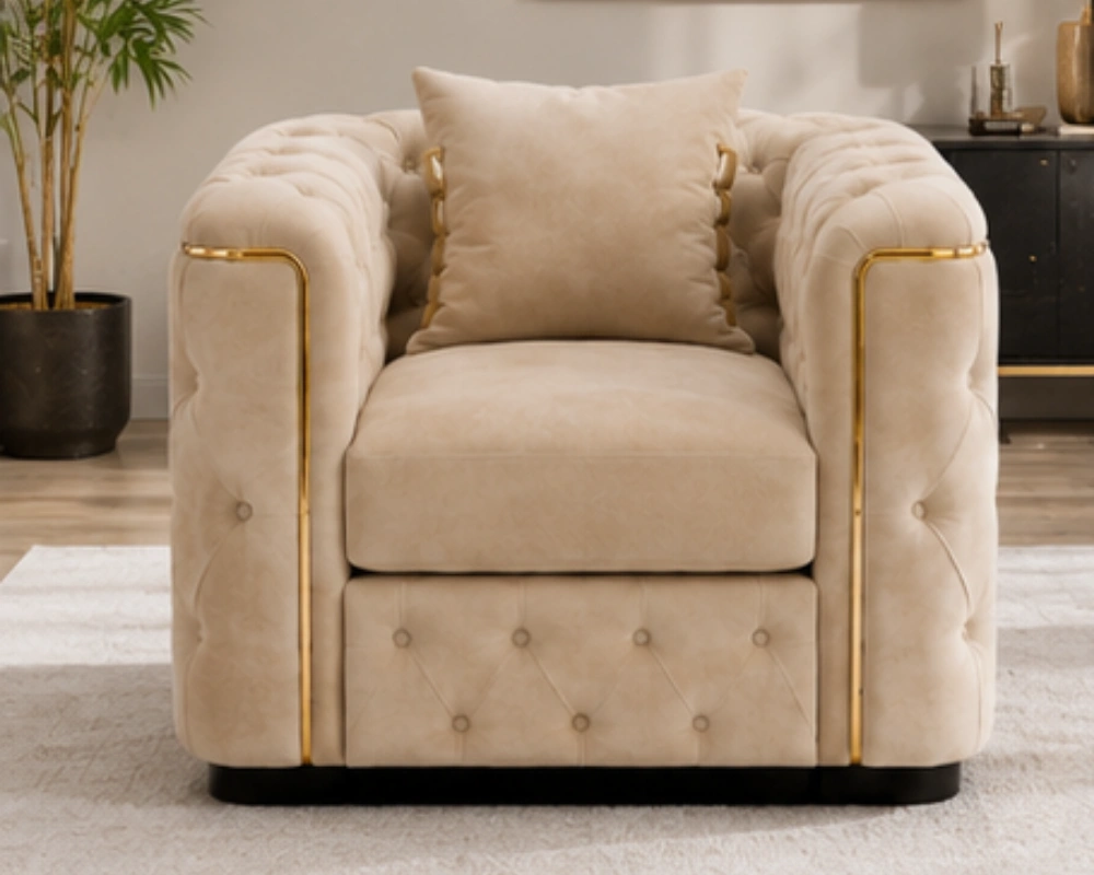 Velvet Cream Madrid 1 Seater Sofa Madrid Beige Armchair – Luxury Chesterfield Accent Chair with Gold Accents | UK - Image 1