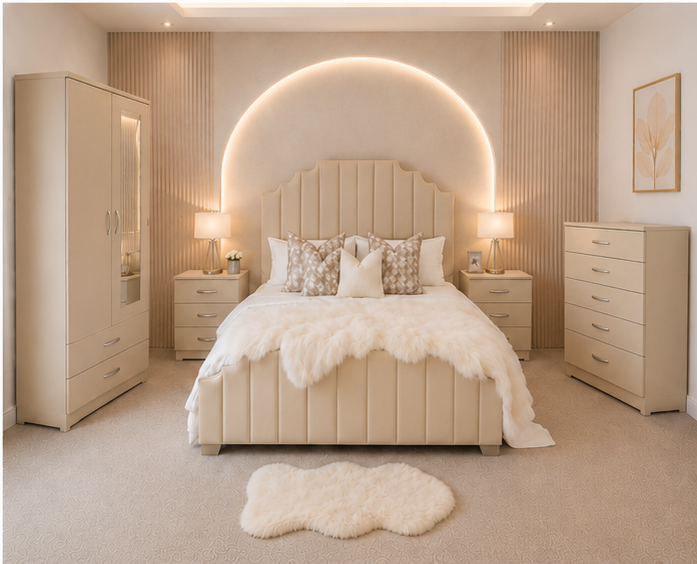 Elegant King Size Bed Room Set - two Door Wardrobe With two Drawer - Chest of Five Drawers With Two Bed Side Table