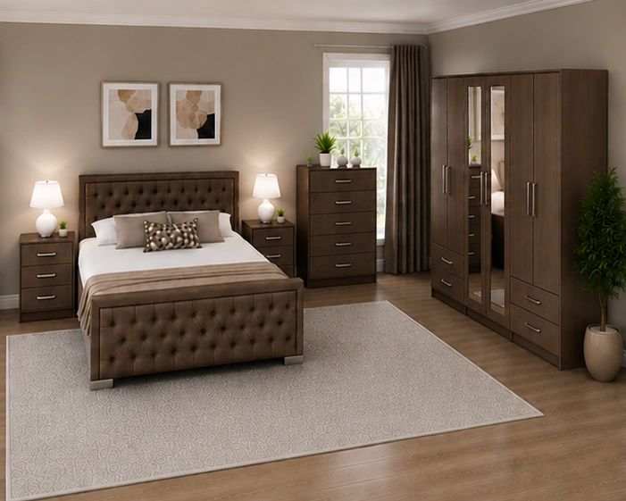 Elegant Double Bed Furniture Set - Six Door Wardrobe With Four Drawers - Chest of Five Drawers With Two Bedside Tables