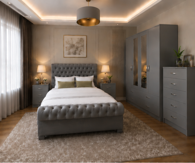 front_view_2 Luxury Bedroom Collection with Four Door Wardrobe With Four Drawer - Chest of Five Drawers With Two Bed Side Table - Image 1