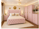 Elegant Double Bed Furniture Collection With Five Door Wardrobe With One Long Mirror - Chest of Five Drawers With Two Bed Side Table - Image 2
