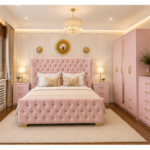 Elegant Double Bed Furniture Collection With Five Door Wardrobe With One Long Mirror - Chest of Five Drawers With Two Bed Side Table