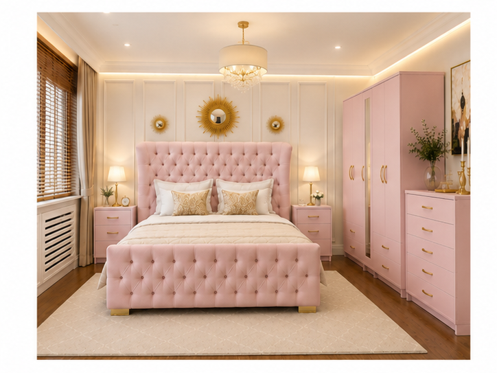 picture_2 (1) Elegant Double Bed Furniture Collection With Five Door Wardrobe With One Long Mirror - Chest of Five Drawers With Two Bed Side Table - Image 1