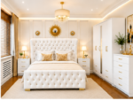 Contemporary Double Bed Set With Five Door Wardrobe With One Long Mirror - Chest of Five Drawers With Two Bed Side Table