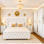 Contemporary Double Bed Set With Five Door Wardrobe With One Long Mirror - Chest of Five Drawers With Two Bed Side Table