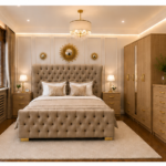 Wooden Double Bed Furniture Set With Five Door Wardrobe With One Long Mirror - Chest of Five Drawers With Two Bed Side Table