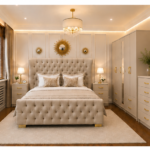 Premium Double Bed Bedroom Set With Five Door Wardrobe With One Long Mirror - Chest of Five Drawers With Two Bed Side Table
