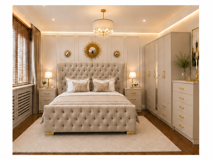 top_right_beige Premium Double Bed Bedroom Set With Five Door Wardrobe With One Long Mirror - Chest of Five Drawers With Two Bed Side Table - Image 1