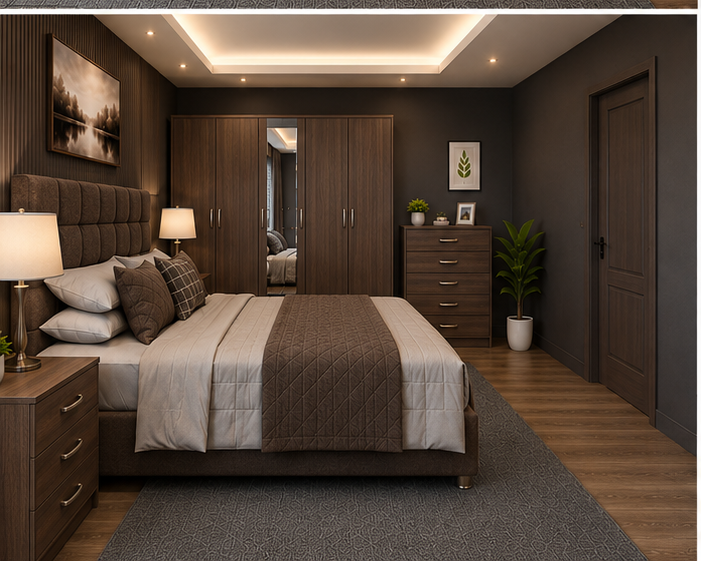 walnut_angle_view Contemporary Haven Bedroom with 5-Door Wardrobe - Image 1