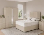 Contemporary Bedroom Furniture – King Size Bed, 5 Door Mirrored Wardrobe with Four Bottom Drawers, Five Drawer Chest & Two Matching Bed Side Tables