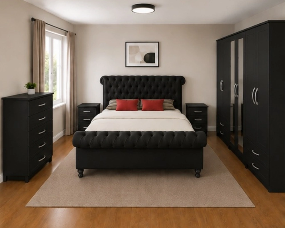 Sophisticated Bedroom Furniture Collection Luxury Sleigh king Bed Furniture Set - Six Door Wardrobe With Four Drawer - Chest of Five Drawers With Two Bed Side Table - Image 1