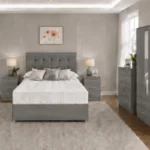 Luxury Grey King Size Bed Furniture Set – Four Door Wardrobe with Four Bottom Drawers – Chest of Five Drawers with Two Bedside Tables