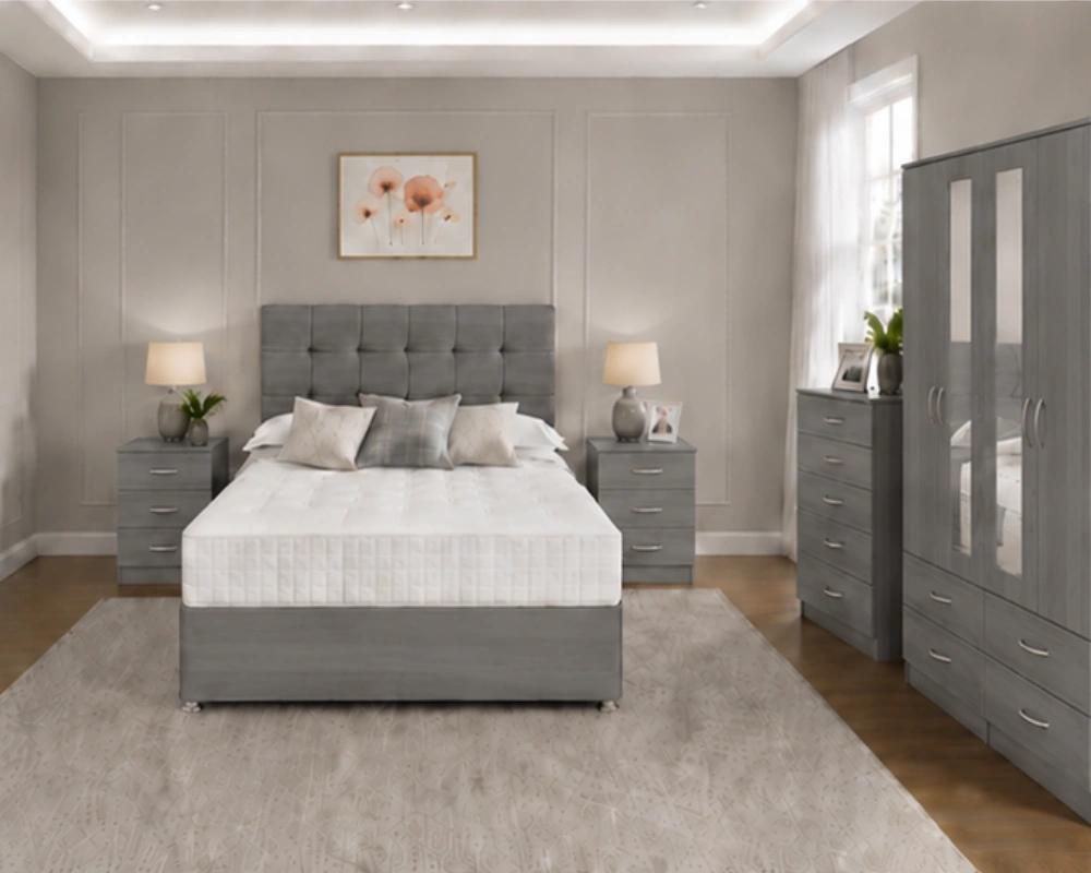 10 Sophisticated Modern Bedroom Set Luxury Grey King Size Bed Furniture Set – Four Door Wardrobe with Four Bottom Drawers – Chest of Five Drawers with Two Bedside Tables - Image 1