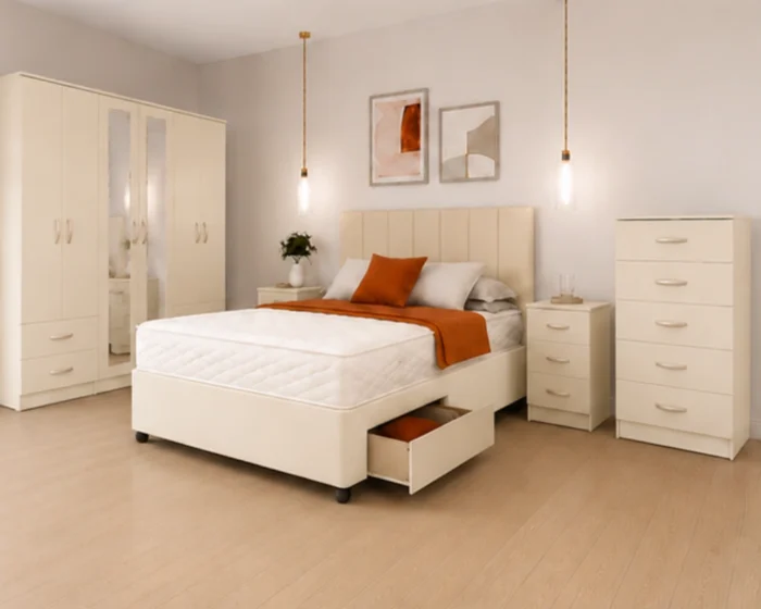 king Bedroom Bundle – Storage Bed Frame – 6 Door Wardrobe – Chest of 5 Drawers – 2 Side Cabinets