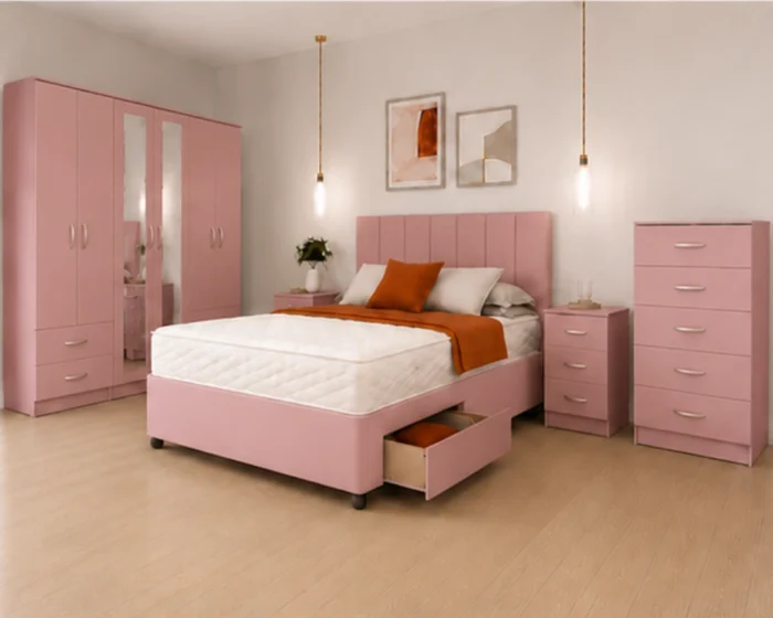 Elegant King Bed Package – Six Door Mirror Wardrobe – Five Drawer Chest – Matching Bedside Tables
