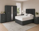 Modern Luxury King Size Bed Set – Five Door Wardrobe Full Length Mirror, Four Bottom Drawers, Chest of Five Drawers & 2 Bed Side Tables - Image 3