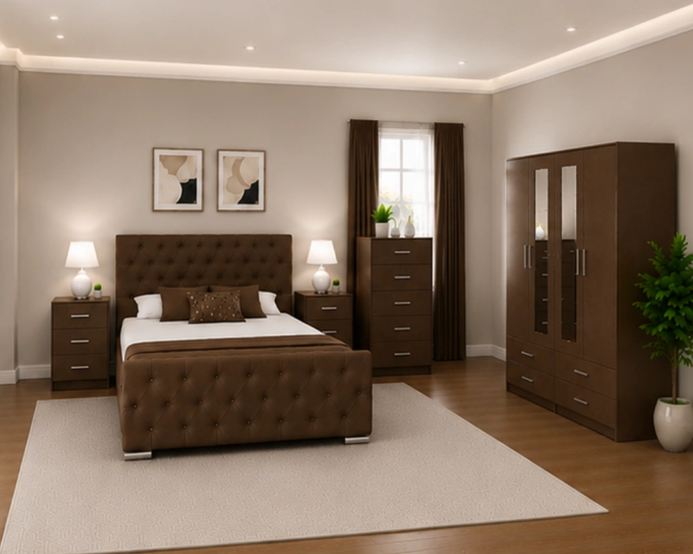 12 Premium Bedroom Suite with Matching Furniture and Storage Complete King Size Bed Furniture Package With Four Door Wardrobe With Two Mirror - Chest of Five Drawers With Two Bed Side Table - Image 1