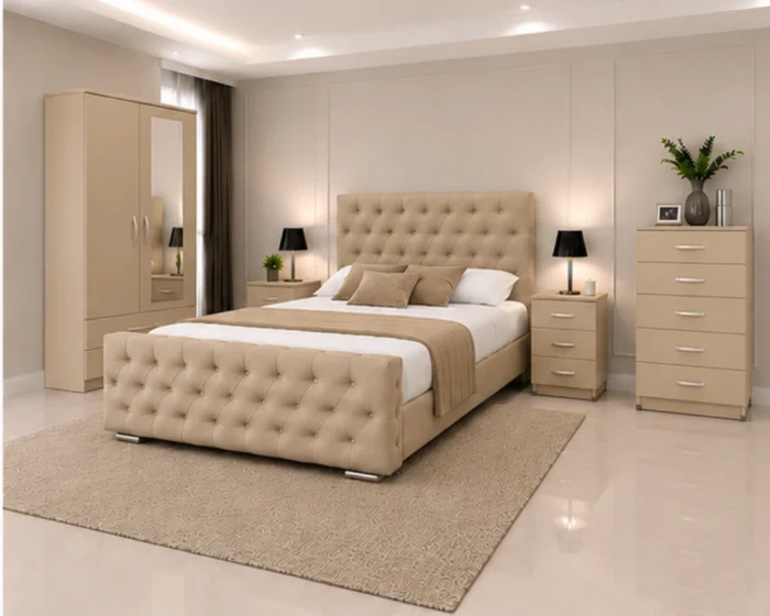 Modern Bedroom Essentials - king Bed - 2 Door Mirror Wardrobe - Five Drawer Chest - Two Bedside Tables